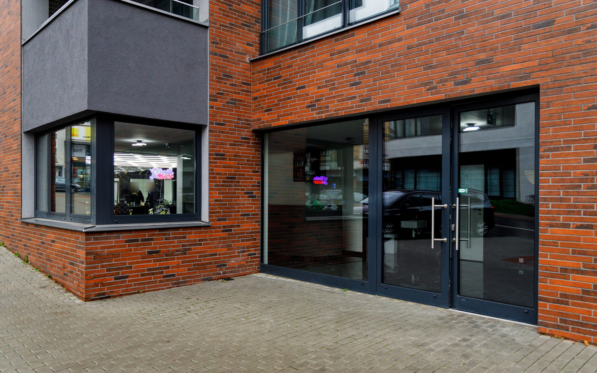 a building with glass doors
